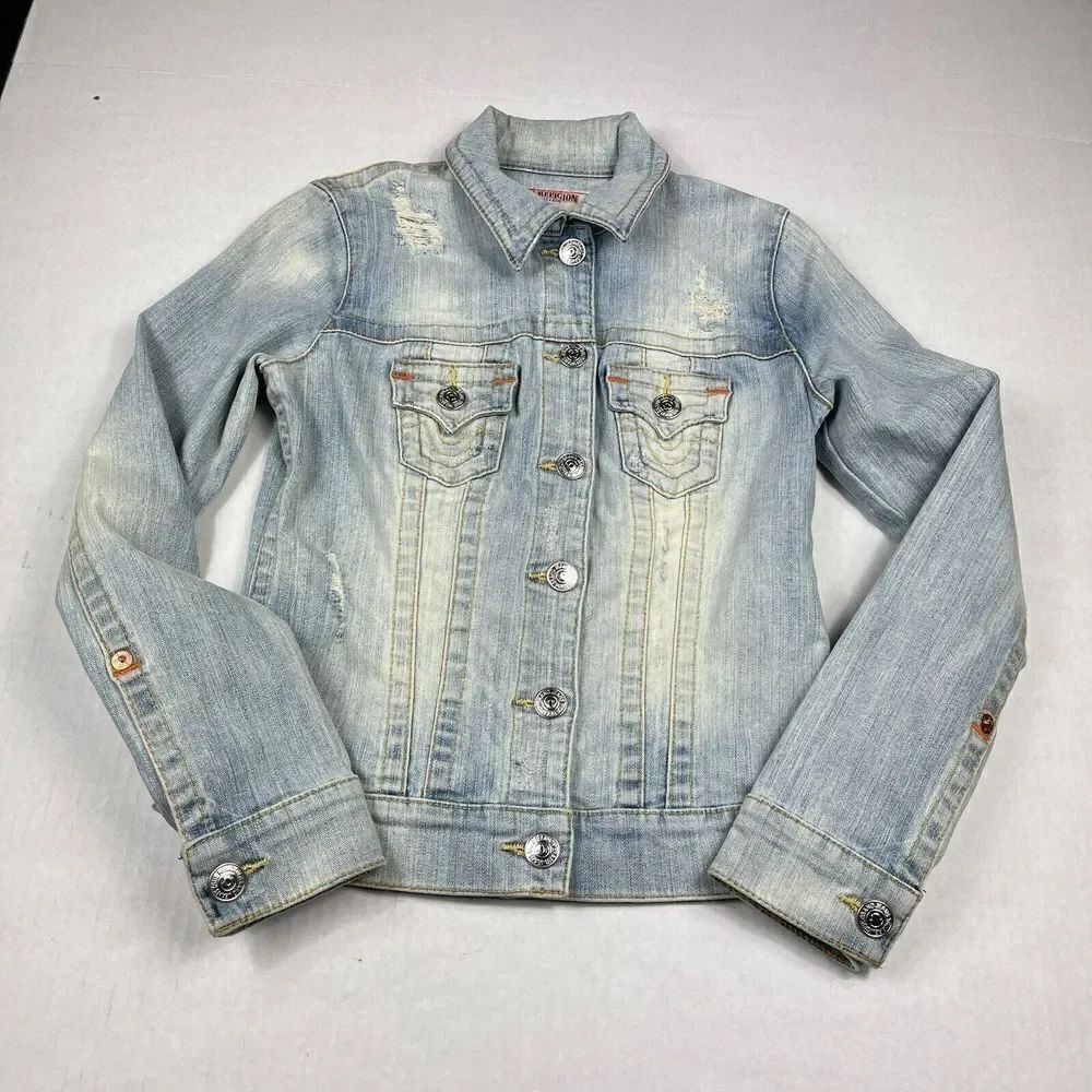 True Religion Womens Trucker Denim Jacket Blue Distressed Button Down Pockets XS